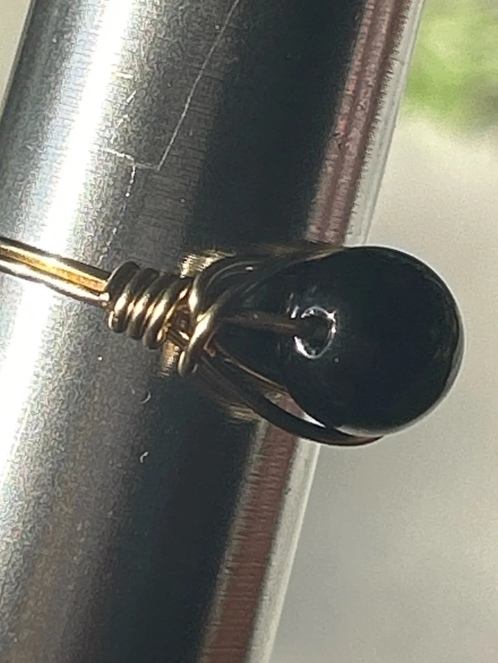 💍 Handcrafted Gold Tone Wire-Wrapped Ring with Black Tourmaline Bead